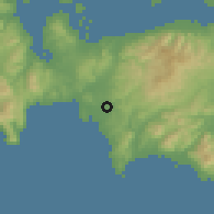 Shaded relief of the 54 km around Seferihisar, drawn from the GMTED2010 grid