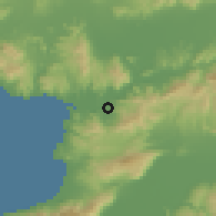 Shaded relief of the 54 km around Selçuk, drawn from the GMTED2010 grid