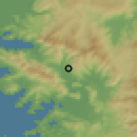Shaded relief of the 54 km around Selimiye, drawn from the GMTED2010 grid