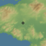 Shaded relief of the 54 km around Tekeli, drawn from the GMTED2010 grid