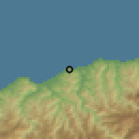 Shaded relief of the 53 km around Tirebolu, drawn from the GMTED2010 grid