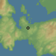 Shaded relief of the 54 km around Urla, drawn from the GMTED2010 grid