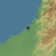 Shaded relief of the 57 km around Rā's al-H̱aymah, drawn from the GMTED2010 grid