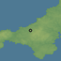 Shaded relief of the 49 km around Camborne-Redruth, drawn from the GMTED2010 grid