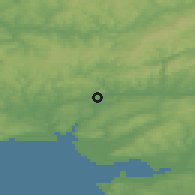 Shaded relief of the 49 km around Carmarthen, drawn from the GMTED2010 grid