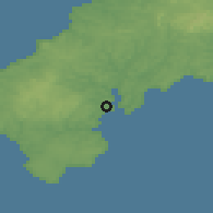 Shaded relief of the 50 km around Falmouth, drawn from the GMTED2010 grid