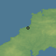 Shaded relief of the 49 km around Newquay, drawn from the GMTED2010 grid