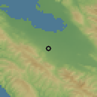 Shaded relief of the 54 km around Cupertino, drawn from the GMTED2010 grid