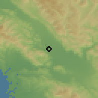 Shaded relief of the 54 km around Gilroy, drawn from the GMTED2010 grid