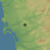 Shaded relief of the 56 km around La Mesa, drawn from the GMTED2010 grid