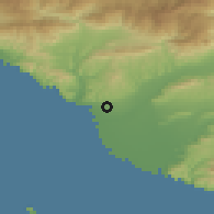 Shaded relief of the 55 km around San Buenaventura, drawn from the GMTED2010 grid