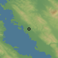 Shaded relief of the 54 km around San Leandro, drawn from the GMTED2010 grid