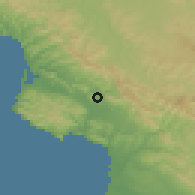 Shaded relief of the 55 km around San Luis Obispo, drawn from the GMTED2010 grid