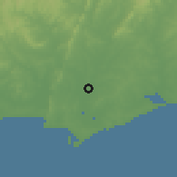 Shaded relief of the 55 km around San Carlos, drawn from the GMTED2010 grid