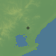 Shaded relief of the 55 km around Castillos, drawn from the GMTED2010 grid