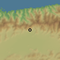 Shaded relief of the 60 km around Mariara, drawn from the GMTED2010 grid