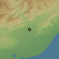 Shaded relief of the 60 km around al-H̨işn, drawn from the GMTED2010 grid