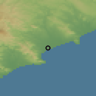 Shaded relief of the 59 km around Qišn, drawn from the GMTED2010 grid