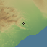 Shaded relief of the 59 km around Rad̨ūm, drawn from the GMTED2010 grid