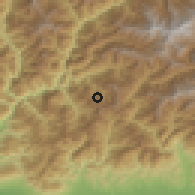 Shaded relief of the 57 km around Mongling, drawn from the GMTED2010 grid