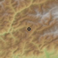 Shaded relief of the 57 km around Reserboo, drawn from the GMTED2010 grid