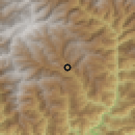 Shaded relief of the 57 km around Daga, drawn from the GMTED2010 grid