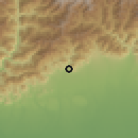 Shaded relief of the 57 km around Sarpang, drawn from the GMTED2010 grid
