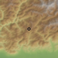Shaded relief of the 57 km around Yalang, drawn from the GMTED2010 grid