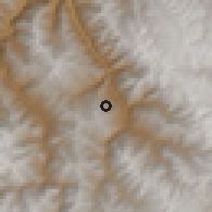 Shaded relief of the 59 km around Tiquirpaya, drawn from the GMTED2010 grid