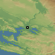 Shaded relief of the 52 km around Čeljevo, drawn from the GMTED2010 grid