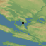 Shaded relief of the 52 km around Poljani, drawn from the GMTED2010 grid