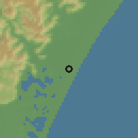 Shaded relief of the 56 km around Capão da Canoa, drawn from the GMTED2010 grid