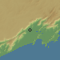 Shaded relief of the 58 km around Cubatão, drawn from the GMTED2010 grid