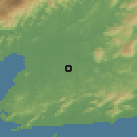 Shaded relief of the 58 km around Itaboraí, drawn from the GMTED2010 grid