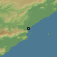 Shaded relief of the 58 km around Peruíbe, drawn from the GMTED2010 grid
