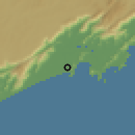 Shaded relief of the 58 km around Praia Grande, drawn from the GMTED2010 grid
