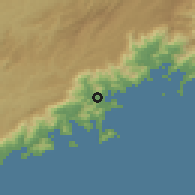 Shaded relief of the 58 km around Ubatuba, drawn from the GMTED2010 grid