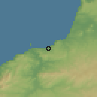 Shaded relief of the 55 km around Beni Saf, drawn from the GMTED2010 grid