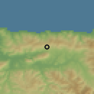Shaded relief of the 54 km around Boudjima, drawn from the GMTED2010 grid