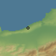 Shaded relief of the 54 km around Bouharoun, drawn from the GMTED2010 grid