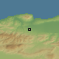 Shaded relief of the 54 km around Bourkika, drawn from the GMTED2010 grid