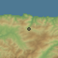 Shaded relief of the 54 km around Bouzguen, drawn from the GMTED2010 grid