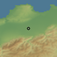 Shaded relief of the 54 km around Chebli, drawn from the GMTED2010 grid