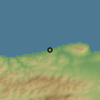 Shaded relief of the 54 km around Cherchell, drawn from the GMTED2010 grid
