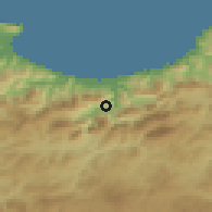 Shaded relief of the 54 km around Darguina, drawn from the GMTED2010 grid