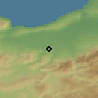 Shaded relief of the 54 km around El Affroun, drawn from the GMTED2010 grid