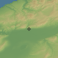 Shaded relief of the 55 km around El Hamri, drawn from the GMTED2010 grid