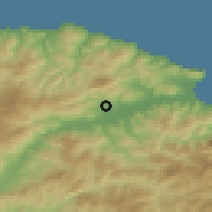 Shaded relief of the 54 km around El Kseur, drawn from the GMTED2010 grid