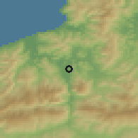Shaded relief of the 54 km around El Milia, drawn from the GMTED2010 grid