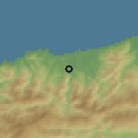 Shaded relief of the 54 km around Emir Abdelkader, drawn from the GMTED2010 grid